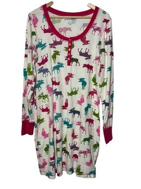 Little Blue House Sleep Shirt Large Pink Cream Moose Long Sleeve Pajama Cotton